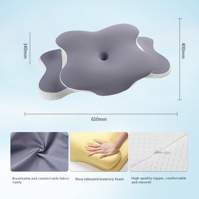 Ergonomic pillow with measurements and fabric texture on a light blue background